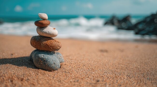 Balanced stones on sandy beach (1)