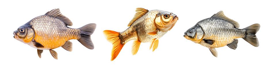Set of fresh Crucian carp fish with detailed scales and fins, isolated on white transparent background, concept of aquatic life
