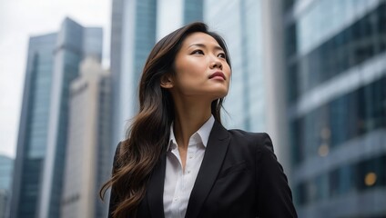 confident and professional young Asian businesswoman looking up while standing against contemporary corporate skyscrapers
