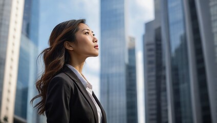 confident and professional young Asian businesswoman looking up while standing against contemporary corporate skyscrapers