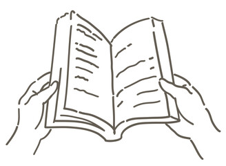 本を読んでいるシーンのイラスト。手と本。シンプルタッチ、ベクターイラスト素材。