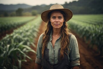 Happy farmer woman standing in farmland.

