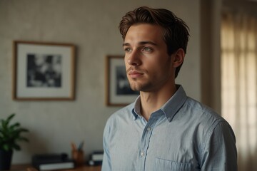 Young man looking off, pensive, in home workspace.


