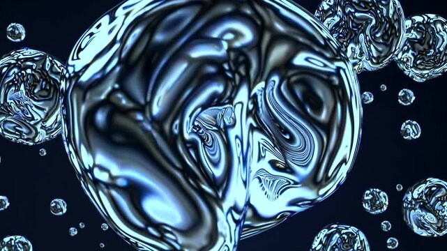 Close-up of swirling liquid metal texture with abstract black and silver patterns in fluid motion. Concept of futuristic materials and transformation