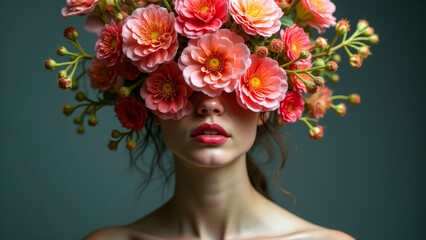 Portrait of a woman adorned with vibrant peach and coral colored blossoms