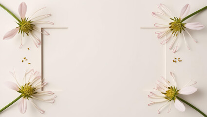 Obraz premium Elegant Floral Frame with Copy Space: Delicate White Flowers and Pollen on a Neutral Background for Text Overlay