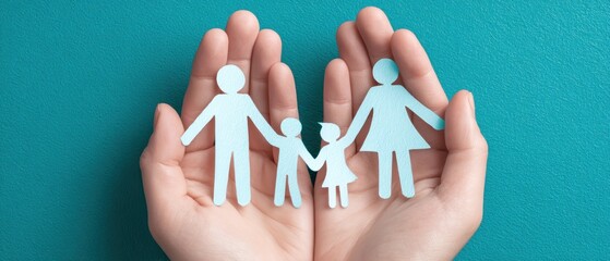 Hands holding paper cutouts of a family, symbolizing unity and care, against a textured teal background.