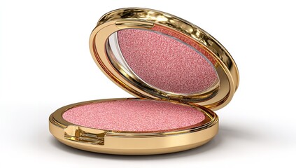 Blush powder in open elegant gold compact, isolated on clean white background