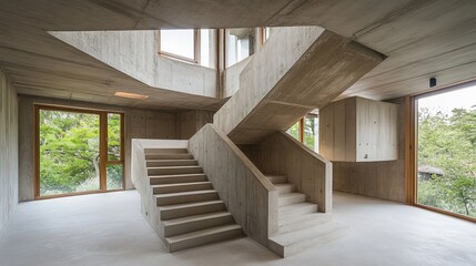Modern concrete staircase in a minimalist home interior