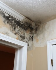 Mold growth on ceiling and walls of interior room showing water damage and neglect in residential building close up shot