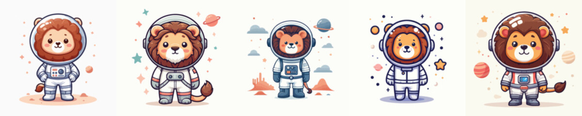 cute lion vector in astronaut costume