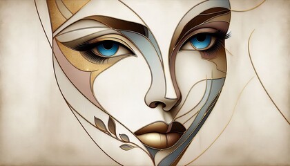 Abstract portrait with intricate design and striking blue eyes displayed against a neutral background
