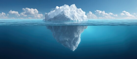 A large iceberg floats in clear blue waters, with clouds visible in a bright sky, showcasing the beauty of nature and the ocean's depths.