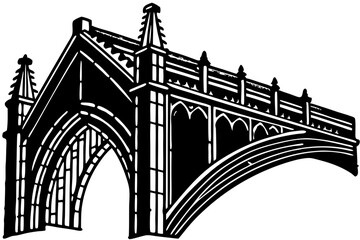 Silhouette profile depicting a cathedral flying buttress structure, flying buttress, profile, silhouette, church, building, architecture, gothic, detail, design element, black and white, vector, illus