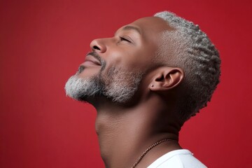 Obraz premium Idea art of style for aging men. A confident and poised man in a professional setting. Red solid background. Elegant men's short dreads haircut - midlife white man with grey hair.