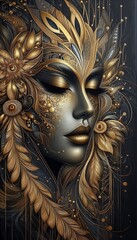 Stunning artistic portrayal of a woman's face adorned with intricate gold patterns and feather-like designs
