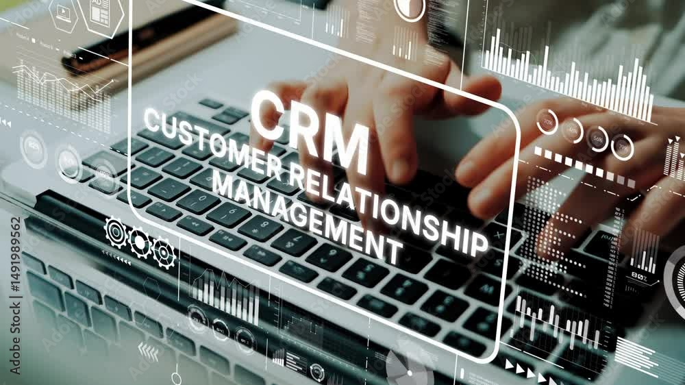 Aufkleber hands typing on laptop keyboard with crm customer relationship management graphics overlay and data 