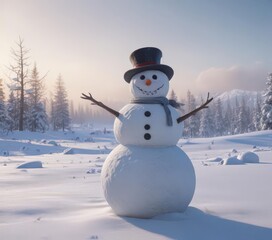 Frosty snowman in vast snowscape, winter gear scattered , isolated, gear, equipment