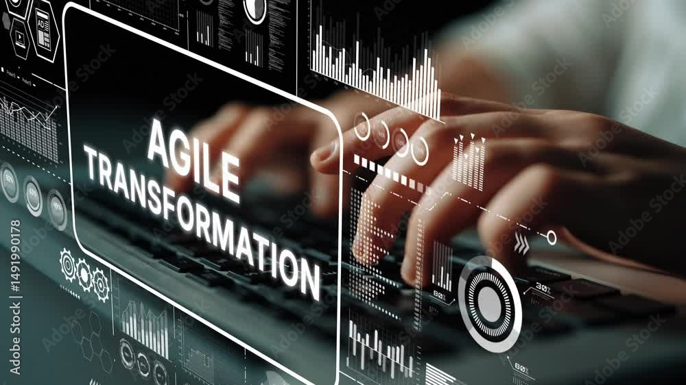 Poster Hands Typing on Keyboard with Digital Interface Showcasing Agile Transformation in Modern Business Environment. Asymptotic smart data analytic.