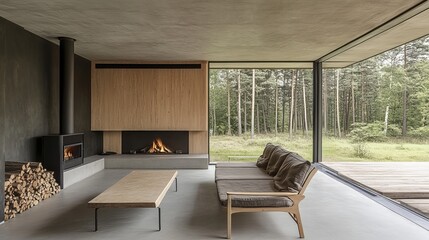 Modern minimalist living room with a fireplace and large windows overlooking a forest