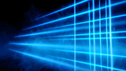 Futuristic Neon Blue Light Beams with Smoke on Dark Background, Abstract Technology Illustration for Sci-Fi, Data Visualization and Conceptual Design