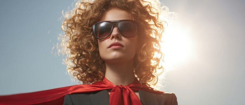 Confident woman in sunglasses and a red cape, standing heroically against a bright background, embodying empowerment and style.