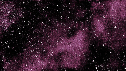 Abstract watercolor painting with dark purple hues and scattered white specks resembling stars and galaxy
