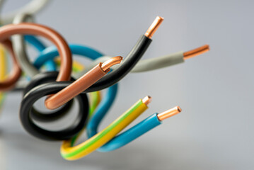 Copper power cable used in electrical power installations, close-up view