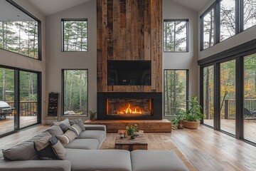 Modern rustic living room with large fireplace, reclaimed wood and steel beam wall, glass windows overlooking trees, light wooden floor, gray sofa, ceiling-mounted TV, high ceilings, and white walls
