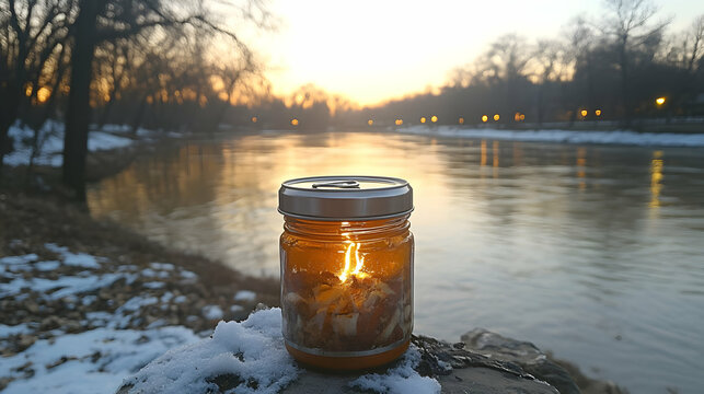 Warm glowing lantern in a jar beside a frozen river at sunset