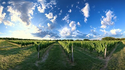 Fototapeta premium Tranquil vineyard panorama beneath a bright sky dotted with fluffy clouds