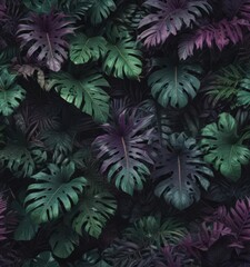 Intricate dark green & purple tropical leaves, vibrant jungle foliage, plants, background, shadow