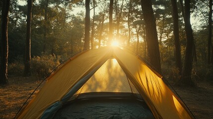 Sunrise illuminates a yellow tent pitched in a lush pine forest.