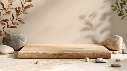 Wooden platform with stones and leaves against a beige wall with shadows for product display