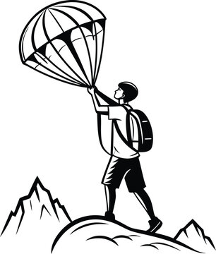 Edge of Adventure with Simple Blooket Silhouette &ndash; Standing Tall on the Mountain Ready to Soar into the Sky  A Brave Soul Prepares for Takeoff