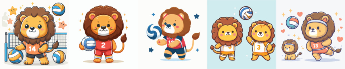 vector of cute lions playing volleyball