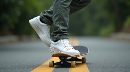 Cropped view of a stylish man in white sneakers and green pants with a skateboard, on a yellow crosswalk