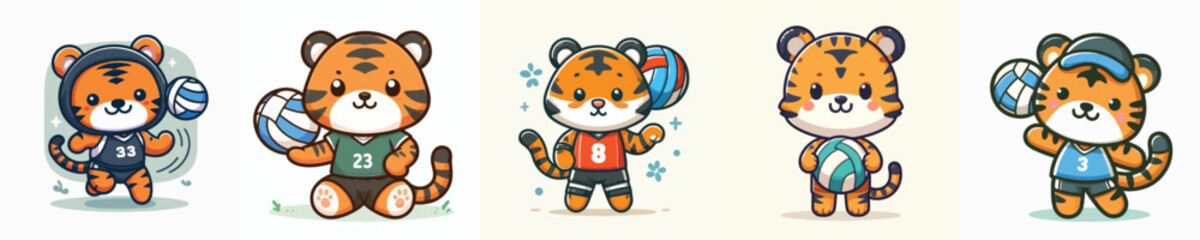 cute tiger vector playing volleyball