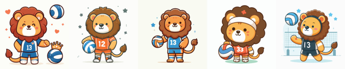 vector of cute lions playing volleyball