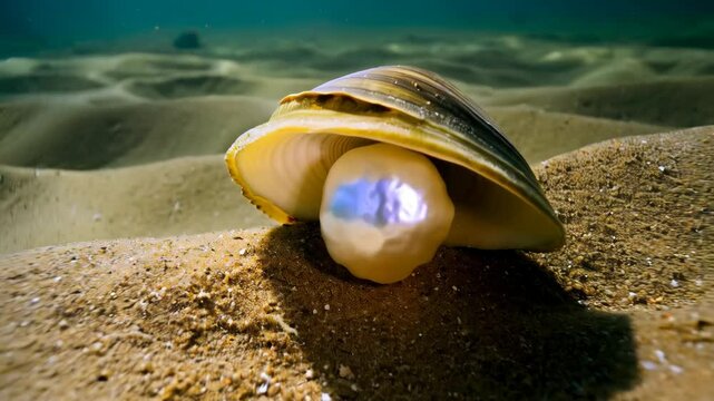 Luminous gem within a shell resting on the sandy seabed beneath clear turquoise water creating an underwater marine treasure find.