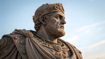 Obraz premium Statue of a Royal Figure: A majestic stone statue of a historical figure, adorned in royal garments and a crown, stands proudly against a backdrop of the clear blue sky.