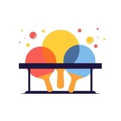 Colorful table tennis paddles arranged on a table with playful design  