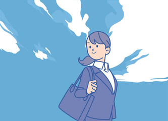 青空の下、スーツを着たビジネスウーマンのイラスト