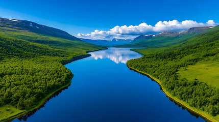 Serene River Flowing Through Lush Green Valleys Under a Vivid Blue Sky With Distant Mountains in the Background