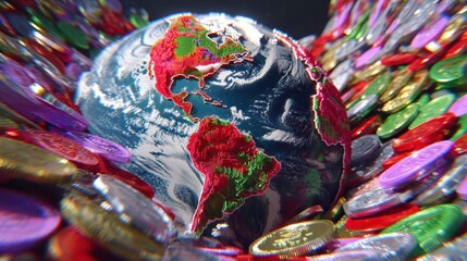 Global Finance, Money, and Economy Concept. Digital Earth Surrounded by Coins.