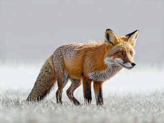 Fototapeta premium A full-body side view of a fox crouched low to the ground in a stalking position
