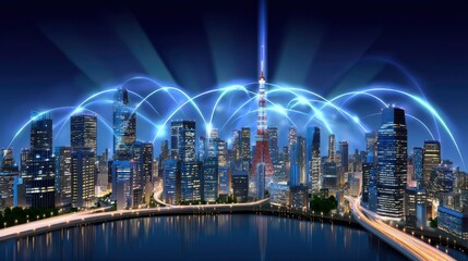 Naklejka premium Smart City Network Technology in Tokyo, Japan at Night - 5G Connectivity and Digital Transformation