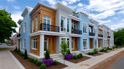 Fototapeta premium Wide angle of team working on multiple townhomes simultaneously