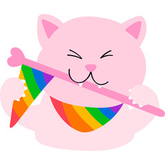 Groovy Pink Cat Holding Rainbow Flag Doodle