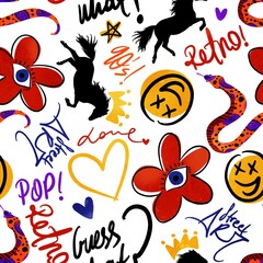 Abstract Hand Drawing Retro Pop Art Graffiti Icons and Hand Writing Slogans Seamless Pattern Isolated Background